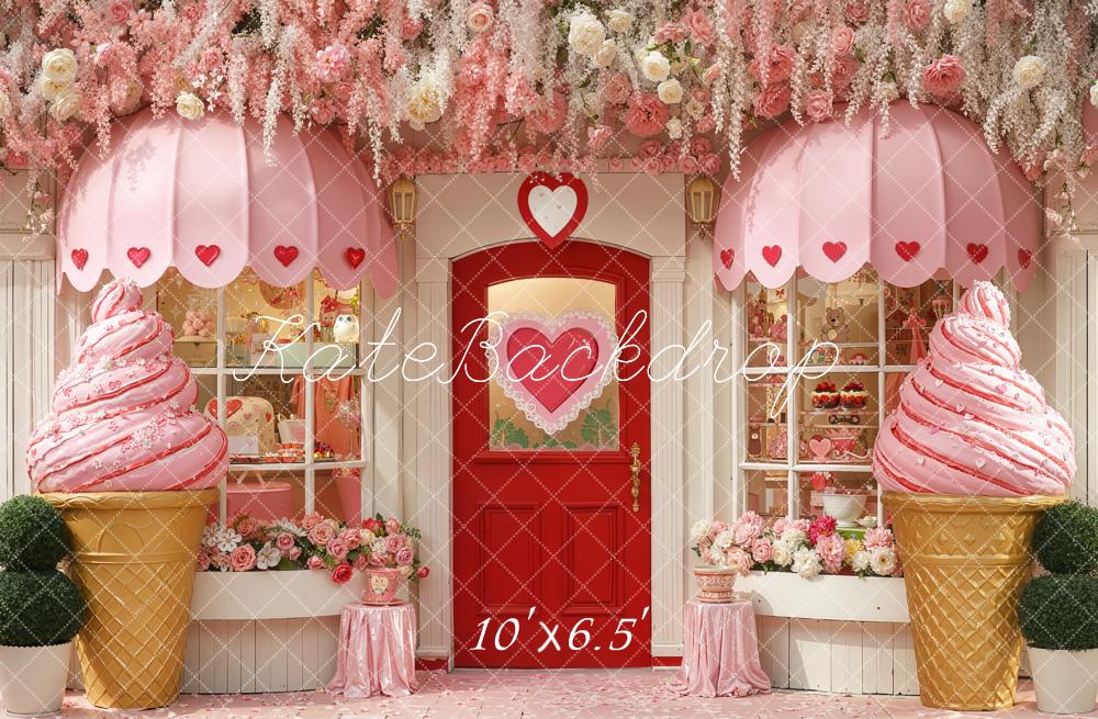 Kate Valentine's Day Pink Ice Cream Parlor Heart Door Flower Garland Backdrop Designed by Chain Photography