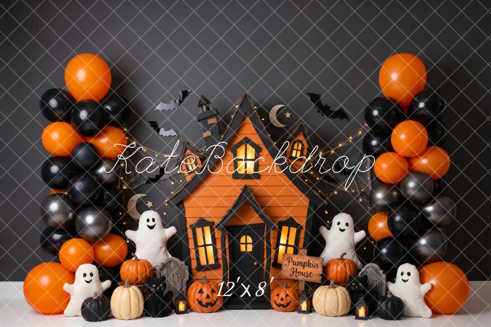 Kate Halloween Haunted House Cute Ghosts Bats Pumpkins Balloons Printed Backdrop Designed by Patty Roberts