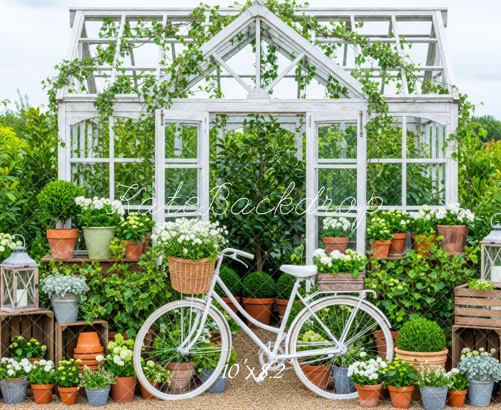 Kate Spring Greenhouse White Bicycle Flower Pots Lanterns Backdrop Designed by Patty Roberts