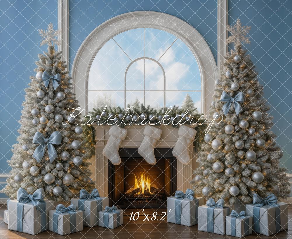 Kate Christmas Trees Silver Blue Fireplace Gifts Window Backdrop Designed by Mini MakeBelieve