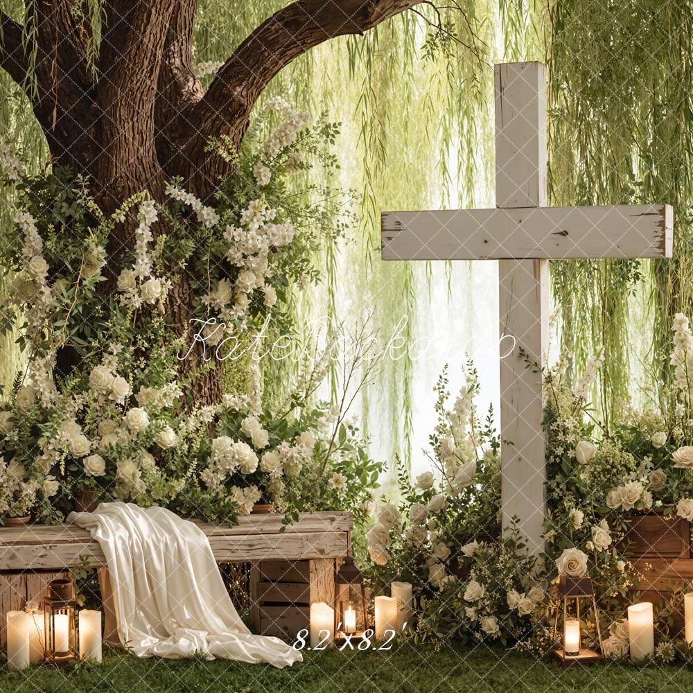 Kate Spring Cross Floral Bench Candles and Willow Tree Backdrop Designed by Emetselch