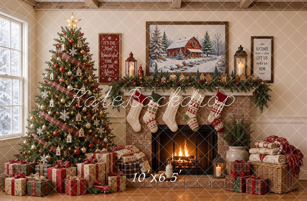 Kate Christmas Tree Stone Fireplace Gifts Stockings Rustic Printed Backdrop Designed by Shutter Swan Studios
