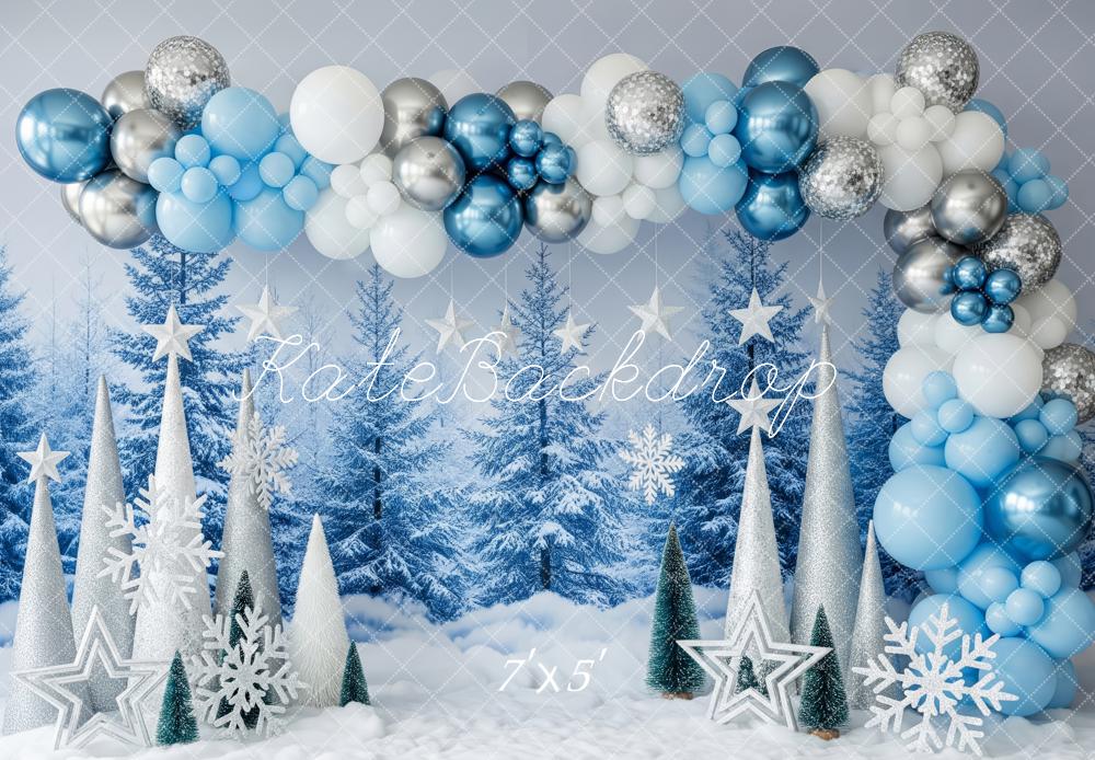 Kate Winter Blue Balloon Arch Snowflake Trees Backdrop Designed by Patty Roberts