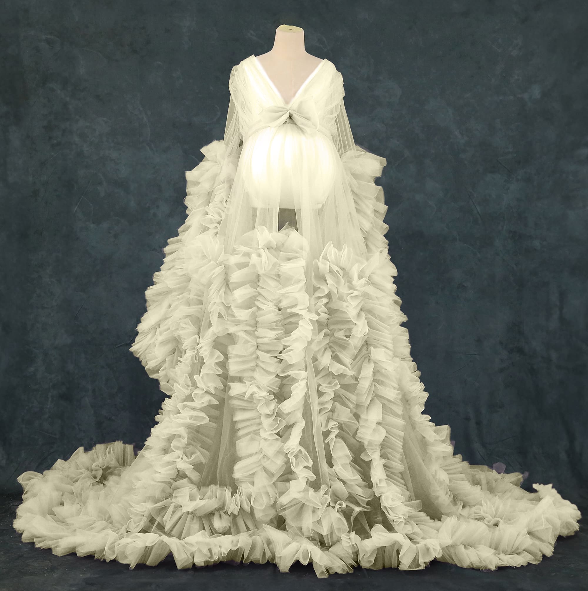 Kate Mesh V-neck Long Sleeve Pleated Custom Maternity Photoshoot Gowns