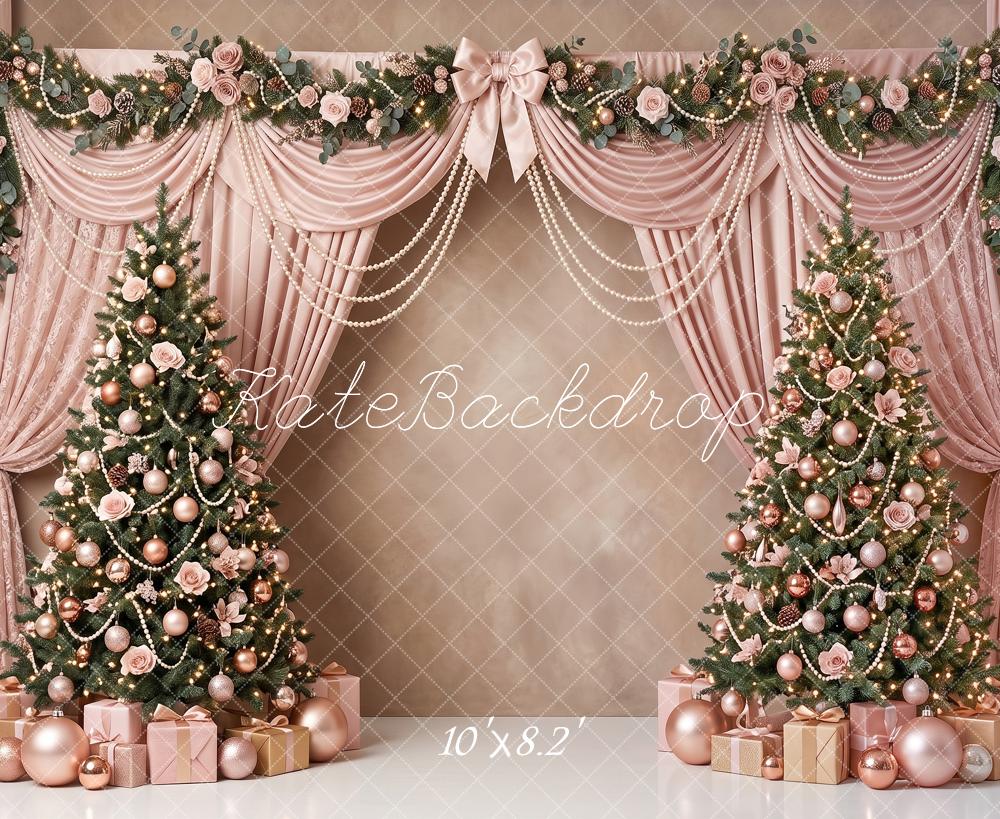 Kate Christmas Trees Pink Drapes Pearl Swags Floral Printed Backdrop Designed by Angela Miller