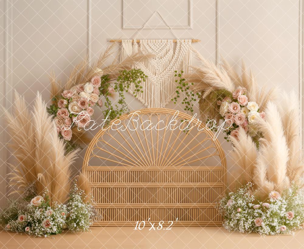 Kate Boho Headboard Rattan Flower Arch Pampas Grass Beige Printed Backdrop Designed by Emetselch