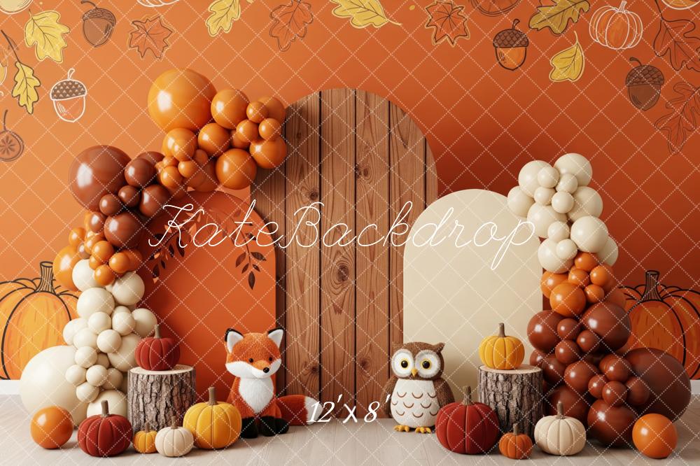 Kate Fall Cake Smash Fox Owl Pumpkin Balloon Arch Backdrop Designed by Patty Roberts