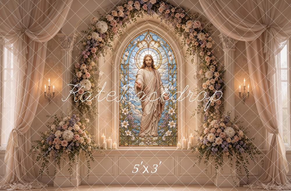 Kate Easter Christian Jesus Stained Glass Floral Arch Printed Backdrop Designed by Ashley Ward