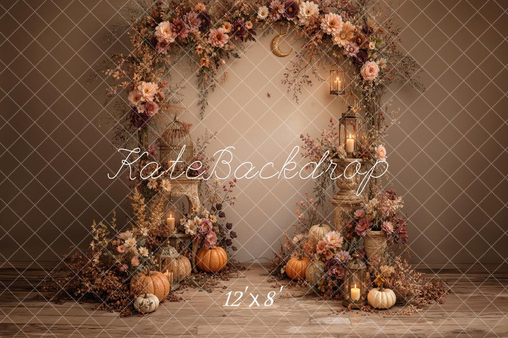 Kate Fall Floral Arch Pumpkins Lanterns Birdcage Printed Backdrop Designed by Jordan Moon