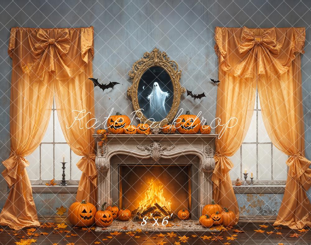 Kate Halloween Pumpkin Fireplace Bow Curtains Ghost Mirror Backdrop Designed by Emetselch