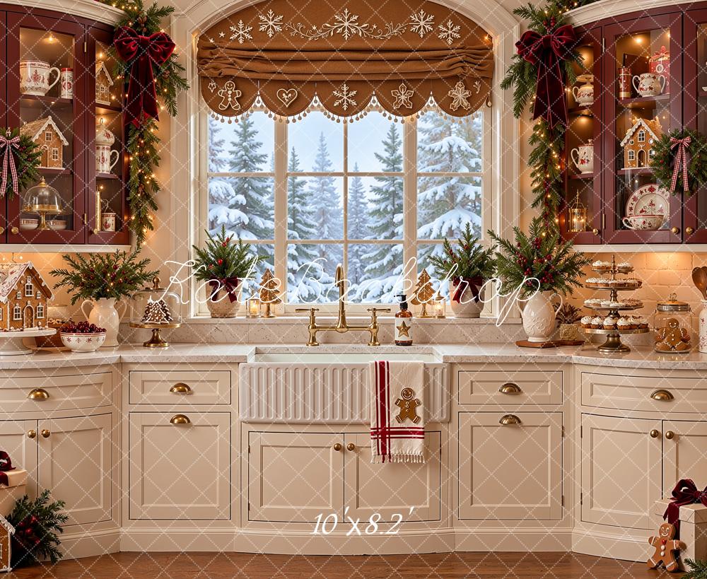 Kate Christmas Gingerbread Kitchen Window White Cabinet Printed Backdrop Designed by Shutter Swan Studios