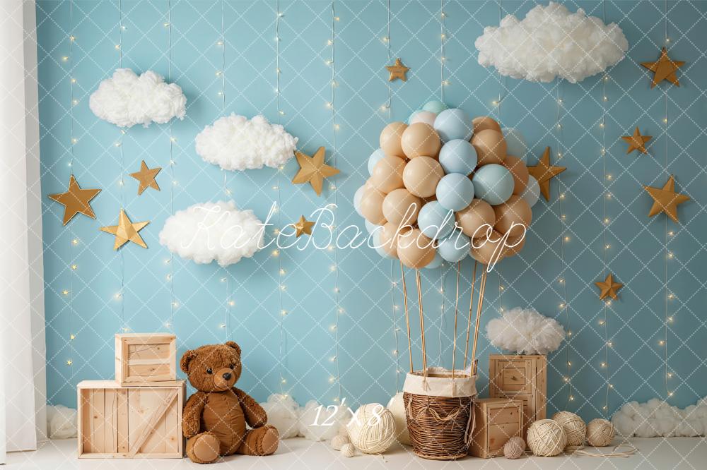 Kate Cake Smash Blue Hot Air Balloon Cloud Stars Teddy Bear Backdrop Designed by Emetselch