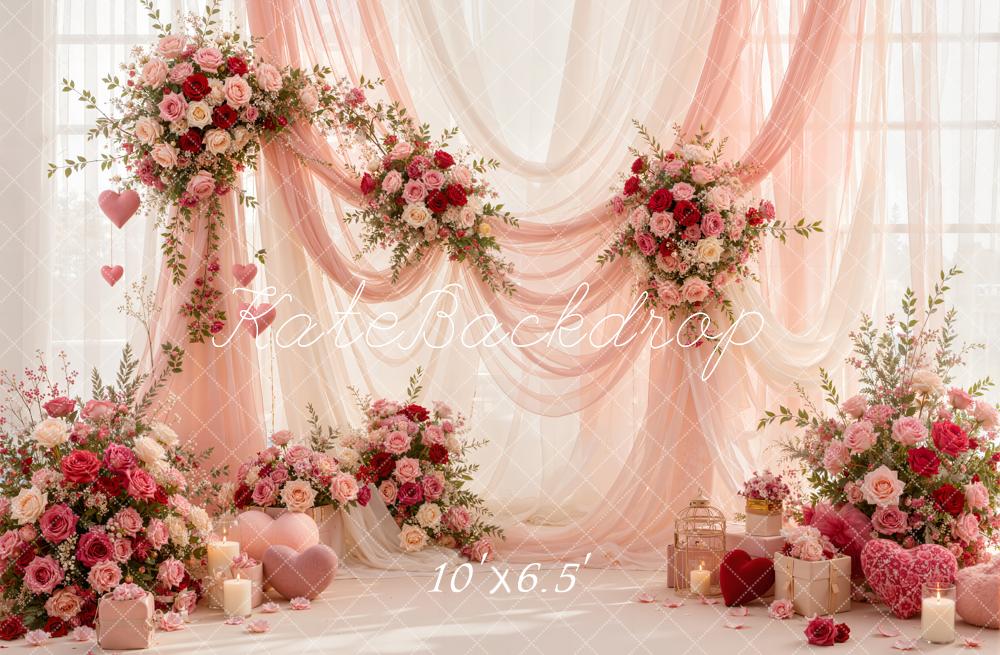 Kate Valentine's Day Pink Sheer Rose Floral Drapery Printed Backdrop Designed by Emetselch