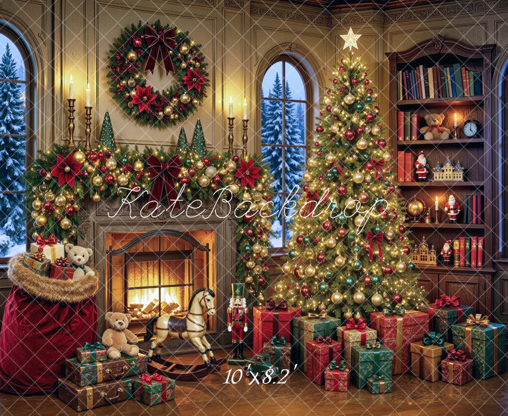 Kate Christmas Fireplace Tree Bookshelf Gifts Printed Backdrop Designed by Mini MakeBelieve