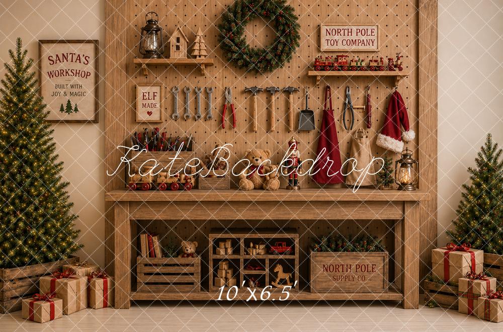 Kate Christmas Toy Workshop Wood Mantel Printed Backdrop Designed by Caitlin Lynch
