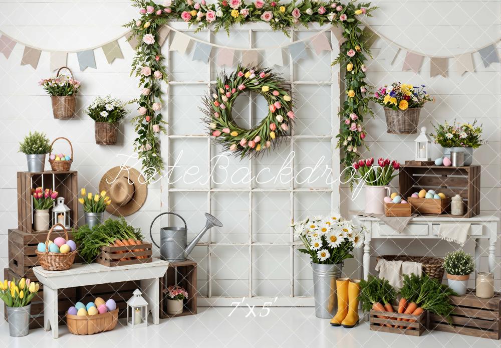 Kate Easter Bunny Spring Floral Crates Wreath Printed Backdrop Designed by Mini MakeBelieve