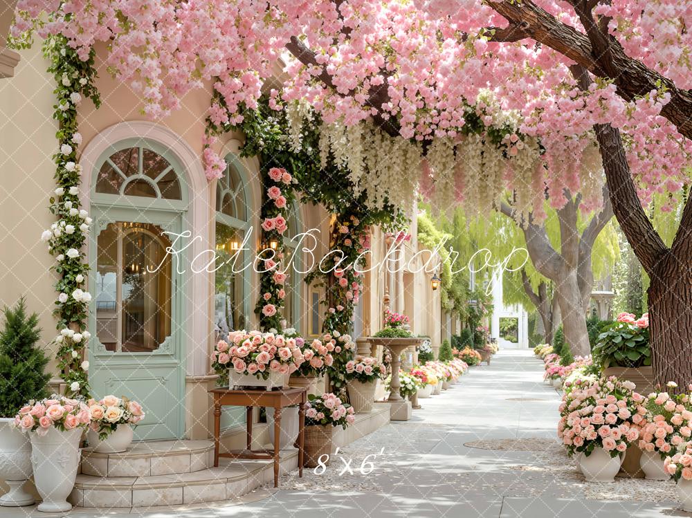 Kate Spring Pink Flower Arch Cherry Blossom Garden Printed Backdrop Designed by Mini MakeBelieve