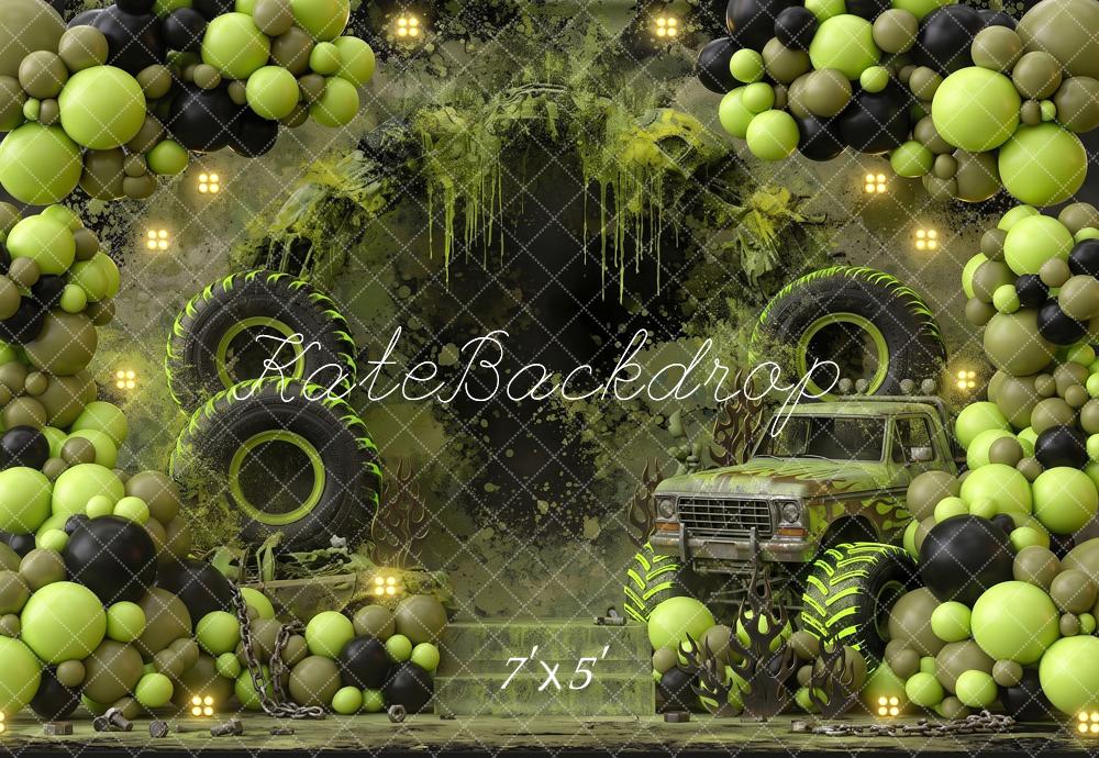 Kate Birthday Monster Truck Balloon Arch Green Black Printed Backdrop Designed by Angela Miller