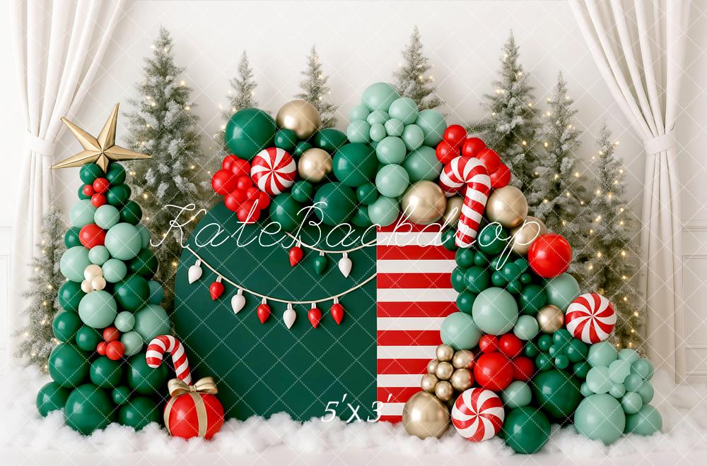 Kate Christmas Birthday Balloon Garland Candy Cane Trees Backdrop Designed by Mini MakeBelieve