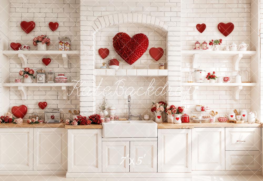 Kate Valentine's Day Red Heart Kitchen White Shelves Roses Backdrop Designed by Emetselch