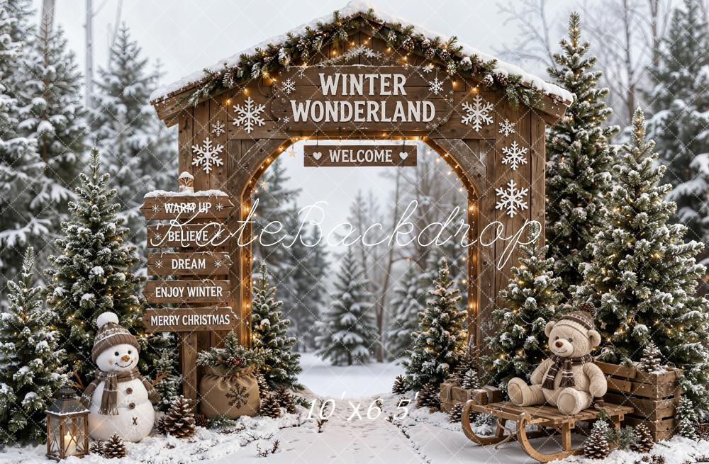Kate Christmas Winter Wonderland Wood Arch Snowy Pines Snowman Printed Backdrop Designed by Emetselch
