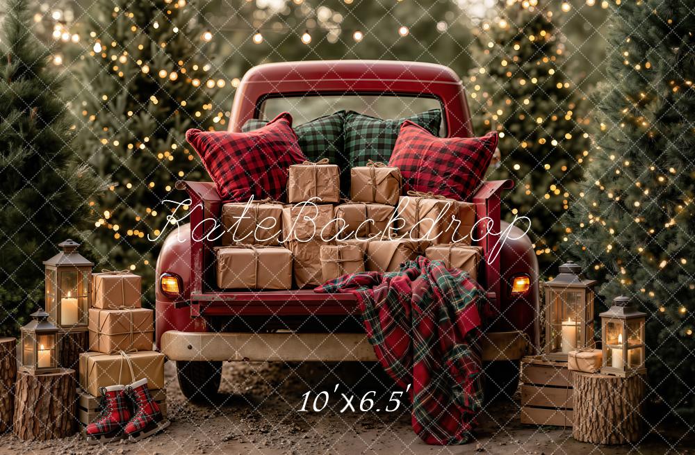 Kate Christmas Red Truck Gifts Pine Trees Red Plaid Lanterns Printed Backdrop Designed by Emetselch