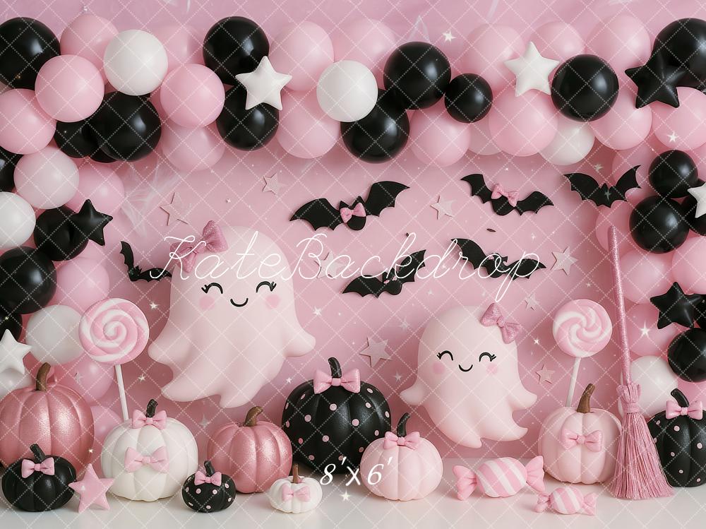 Halloween Cake Smash Pink Ghost Balloons Backdrop Designed by Ashley Paul
