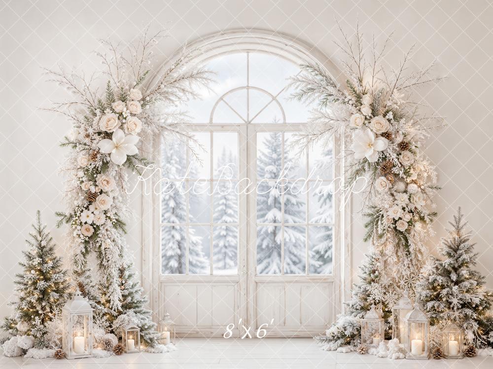 Kate Christmas Flower Arch White Winter Door Snowy Printed Backdrop Designed by Emetselch