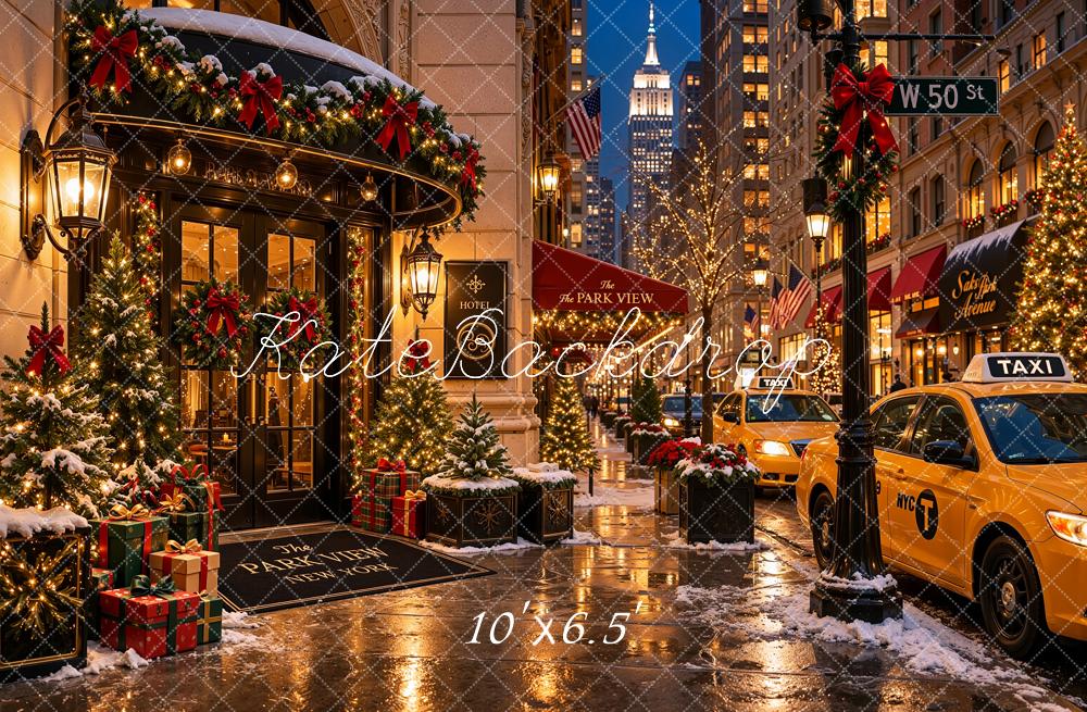 Kate Christmas Shop Snowy City Street Taxis Printed Backdrop Designed by Shutter Swan Studios