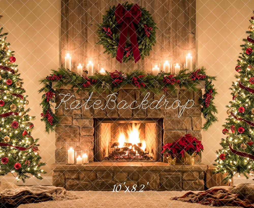 TEST Kate Christmas Tree Stone Fireplace Garland Red Bow Printed Backdrop Designed by Happy Squirrel Design