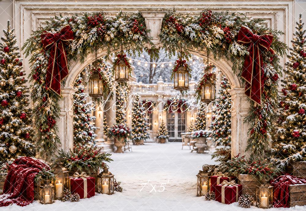 Kate Christmas White Archway Red Velvet Garland Trees Lanterns Printed Backdrop Designed by Ashley Paul