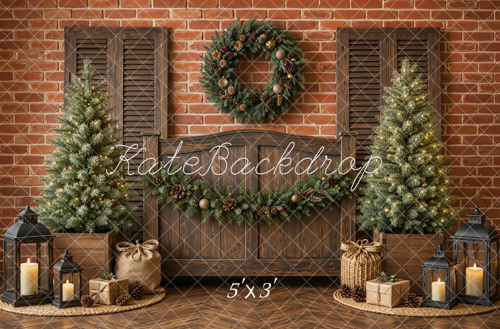 Kate Christmas Headboard Rustic Wood Christmas Tree Wreath Garland Brick Wall Printed Backdrop Designed by Emetselch