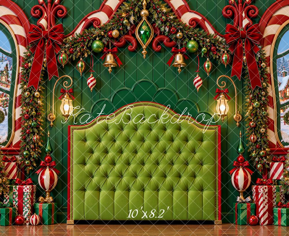 Kate Christmas Headboard Whimsical Green Candy Cane Window Garland Printed Backdrop Designed by Shutter Swan Studios