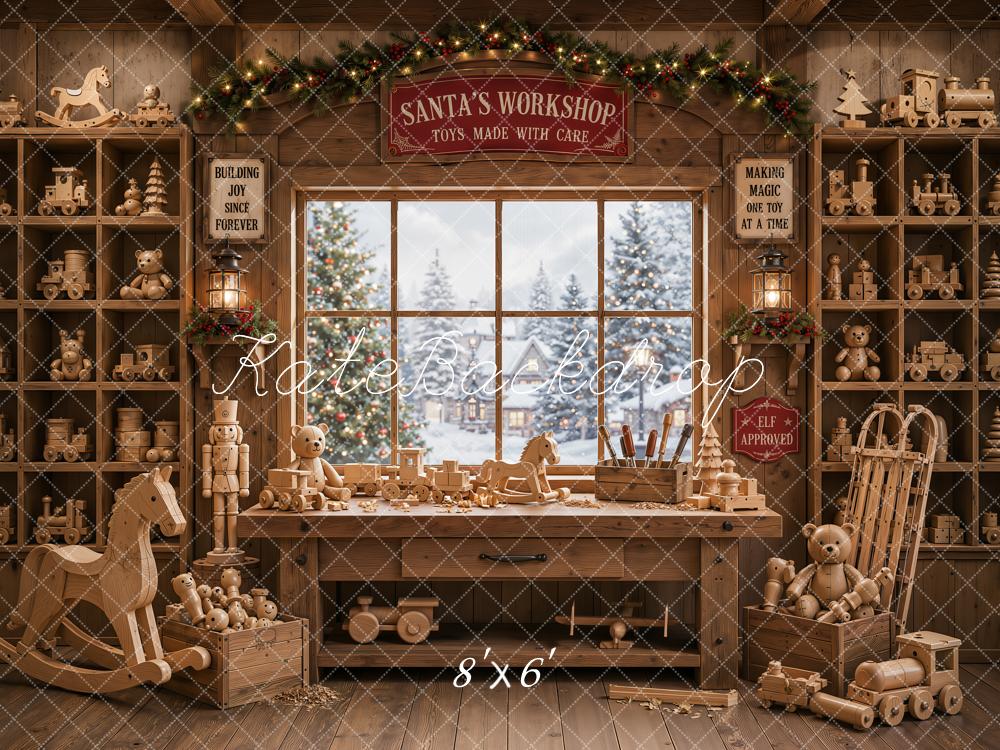 Kate Christmas Santa Workshop Wooden Toys Window Printed Backdrop Designed by Emetselch