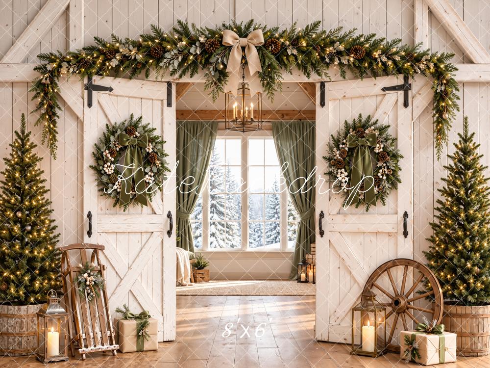 Kate Christmas Farmhouse White Barn Doors Wreaths Trees Printed Backdrop Designed by Emetselch