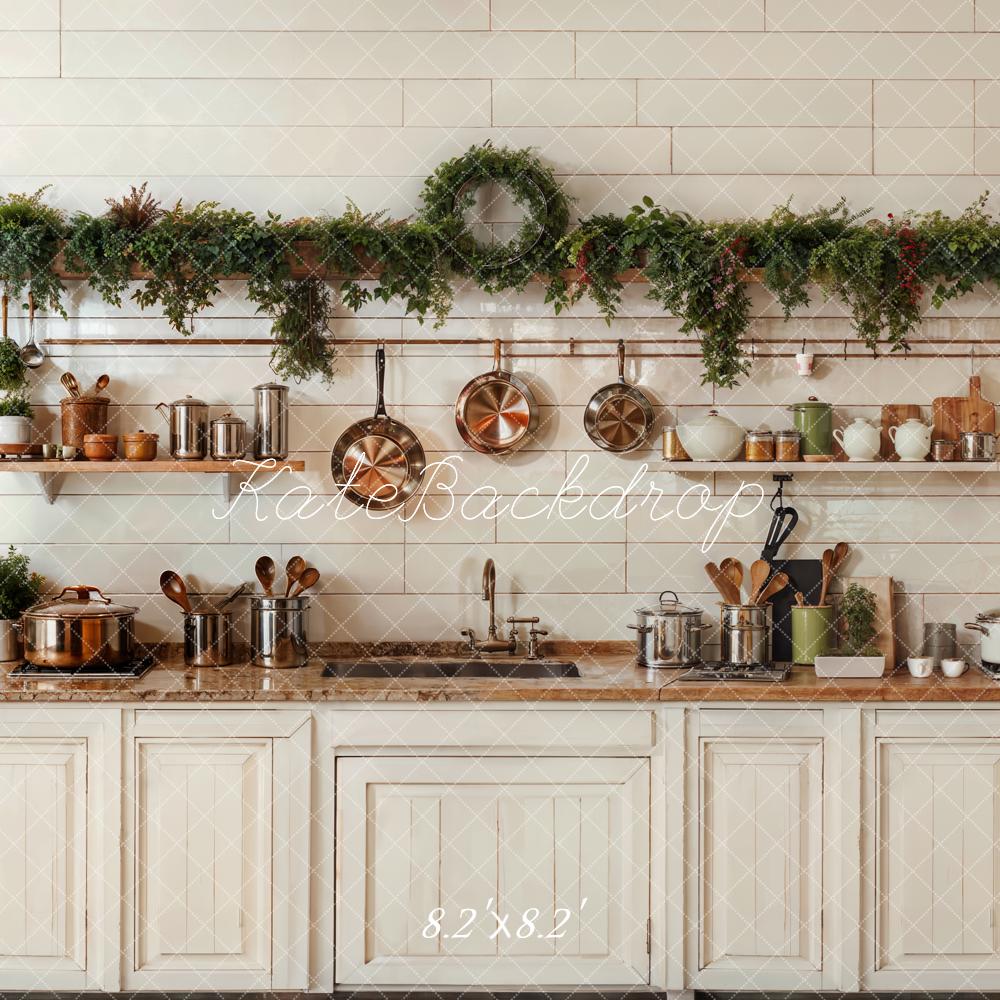 Kate Christmas Kitchen White Cabinets Cookware Backdrop Designed by Emetselch