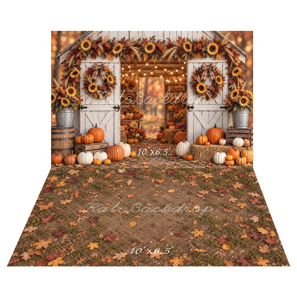 Kate Fall White Barn Sunflower Wreath Garland Pumpkin Printed Backdrop+Fall Leaves Grass Floor Printed Backdrop