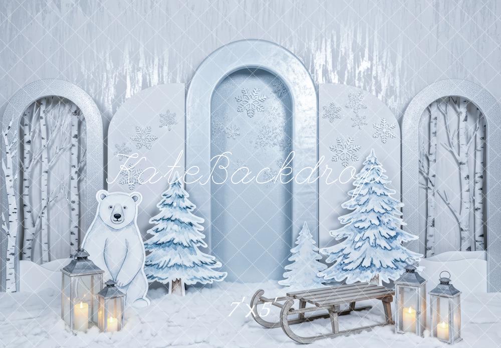 Kate Winter Cake Smash Polar Bear Snowy Trees Sled Printed Backdrop Designed by Patty Roberts