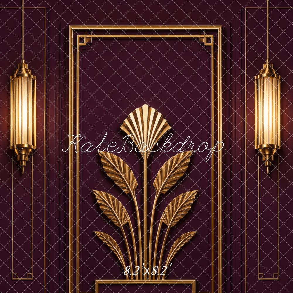Kate 20's Retro Art Deco Gold Wall Sconces Burgundy Wall Printed Backdrop Designed by Vertigo Productions
