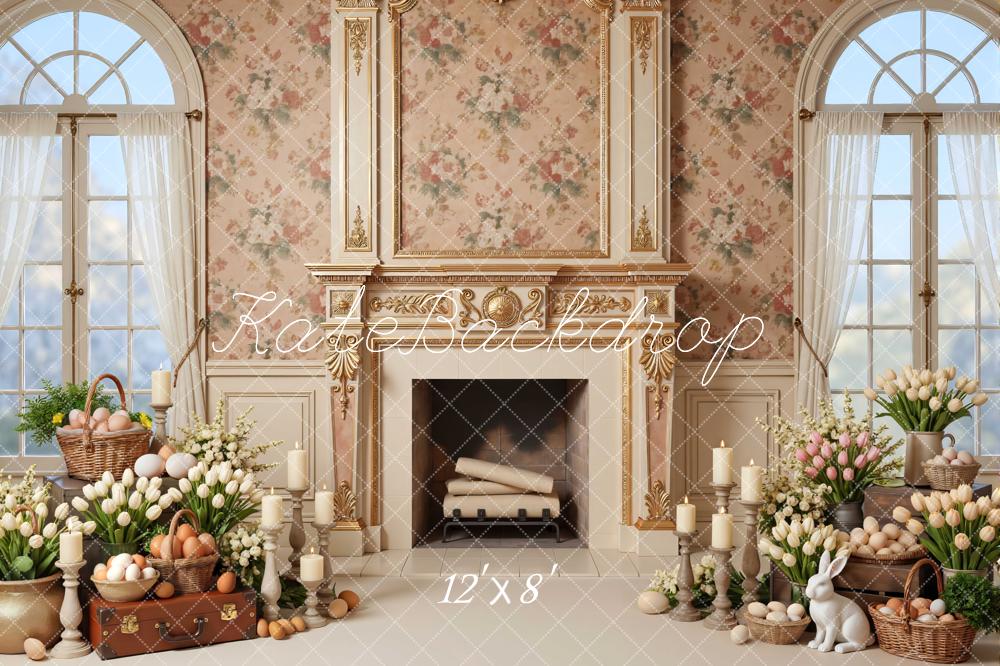 Kate Easter Bunny Fireplace Floral Eggs Printed Backdrop Designed by Mini MakeBelieve