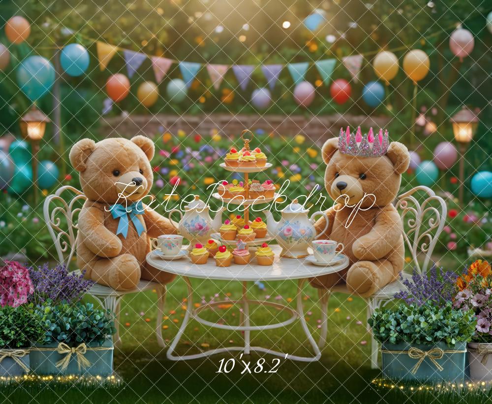 Kate Birthday Teddy Bears Tea Party Garden Balloons Flowers Backdrop Designed by Mini MakeBelieve