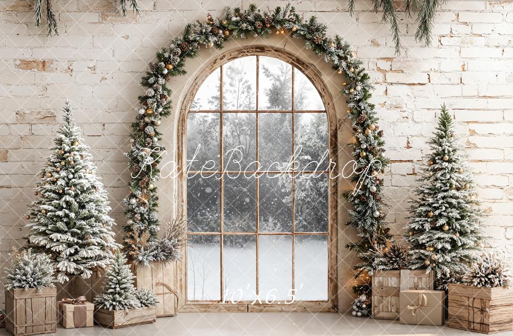 Kate Christmas Arched Window Garland Snowy Pine Trees Backdrop Designed by Emetselch