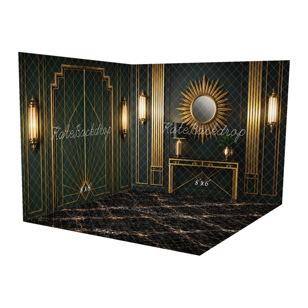 Kate 20's Retro Art Deco Gold Sunburst Mirror Console Table Printed Backdrop Room Set