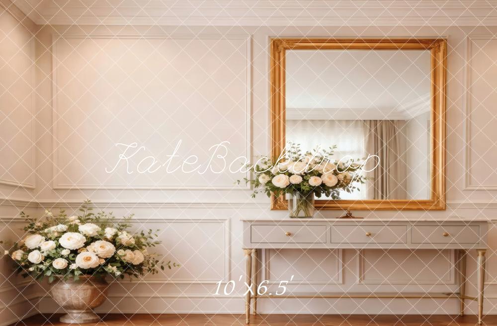 Kate Elegant White Room Gold Mirror Console Flowers Printed Backdrop Designed by Vertigo Productions