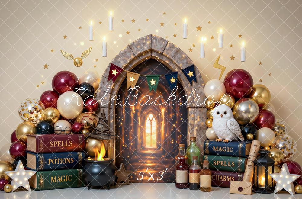 Kate Cake Smash Magic Castle Arch Balloons Spells Books Owl Printed Backdrop Printed Backdrop Designed by Mini MakeBelieve