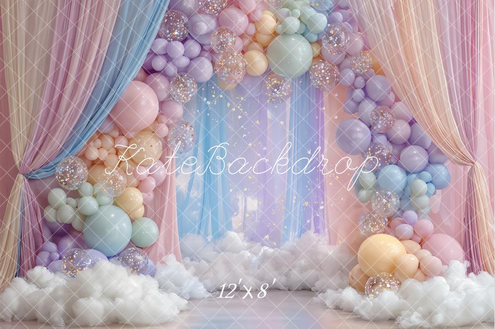 Kate Cake Smash Pastel Balloon Arch Clouds Curtains Printed Backdrop Designed by Ashley Paul
