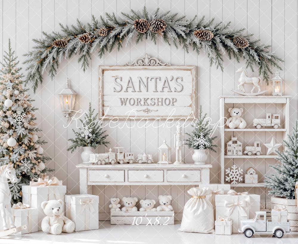 Kate Christmas Santa's Workshop White Pine Tree Toys Gift Boxes Printed Backdrop Designed by Mini MakeBelieve