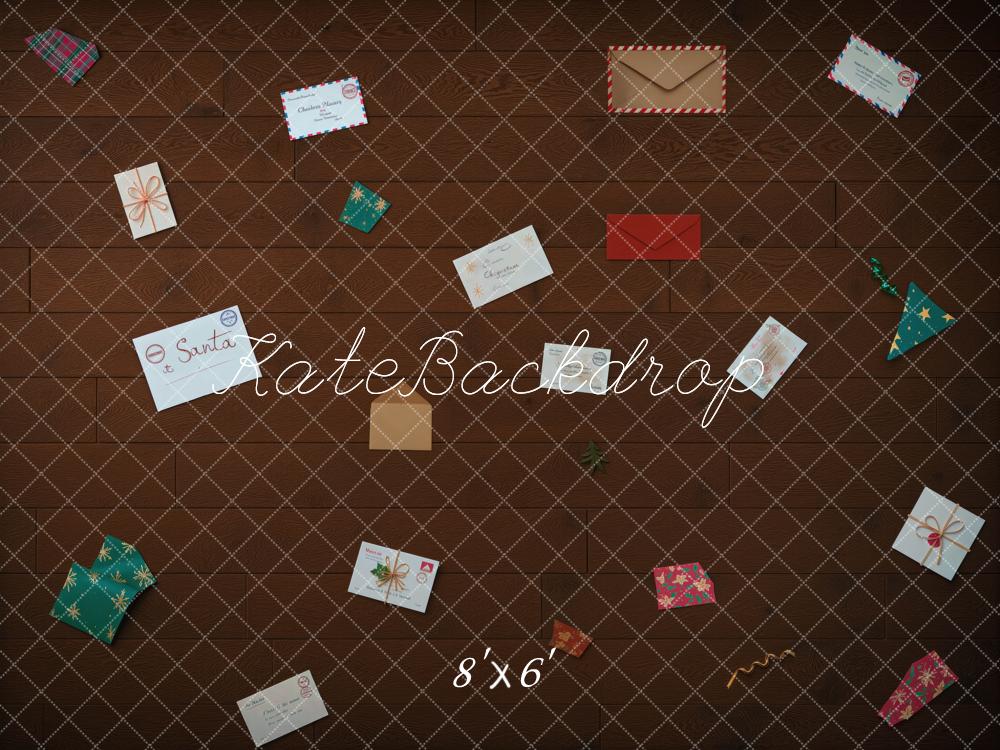 Kate Christmas Letters Envelopes And Gifts On Brown Wood Floor Printed Backdrop Designed by Mini MakeBelieve