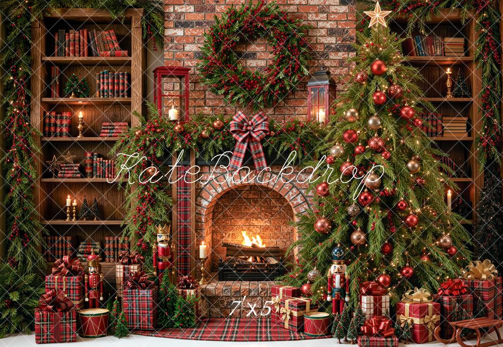 Kate Christmas Tree Library Brick Fireplace Wreath Red Plaid Printed Backdrop Designed by Mini MakeBelieve