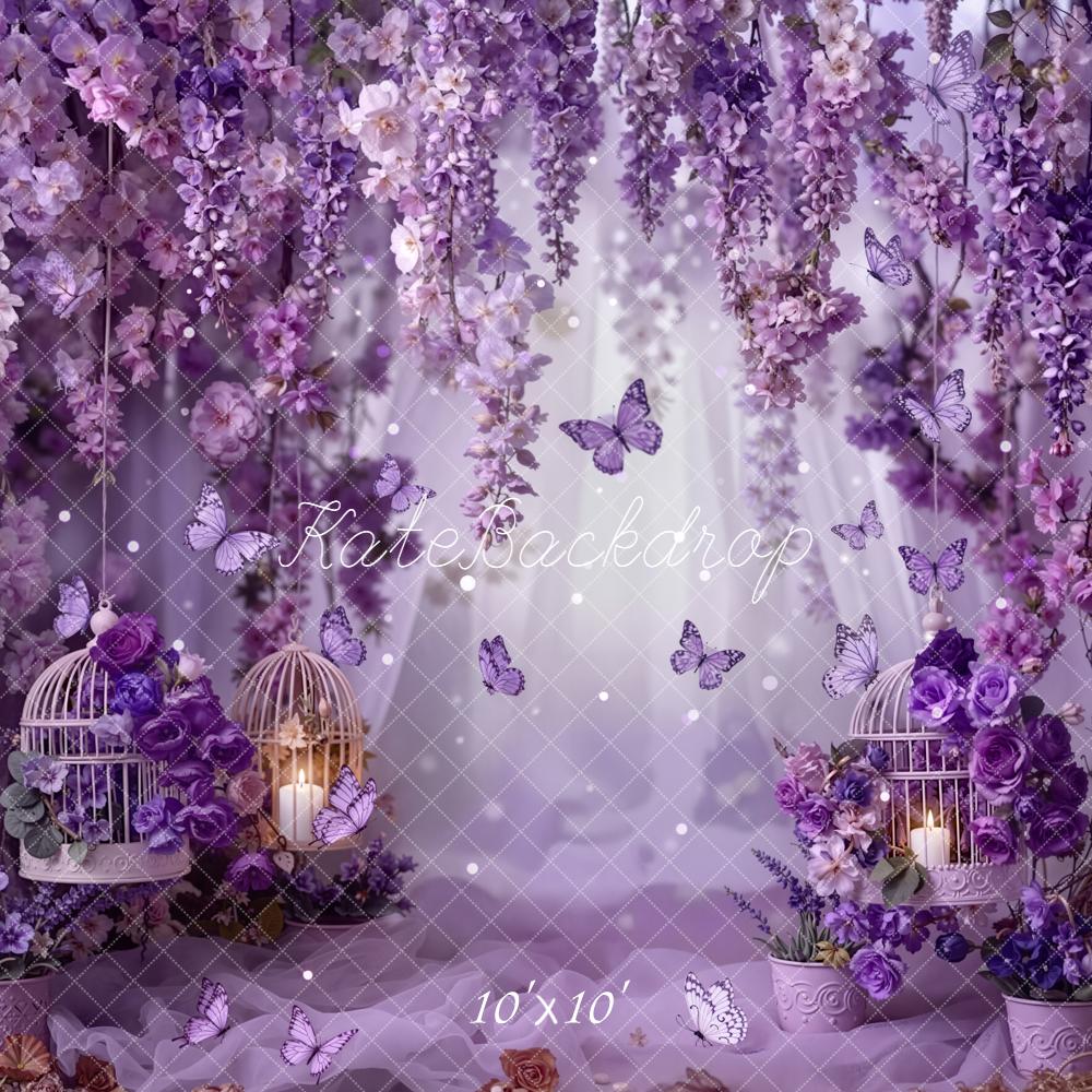 Kate Spring Purple Flower Arch Butterflies Birdcages Printed Backdrop Designed by Emetselch